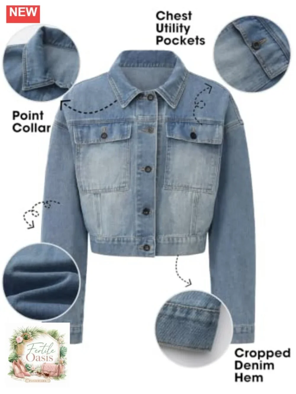 Oversized Cropped Denim Jacket with Pockets Lightweight Stretch Jean Shacket